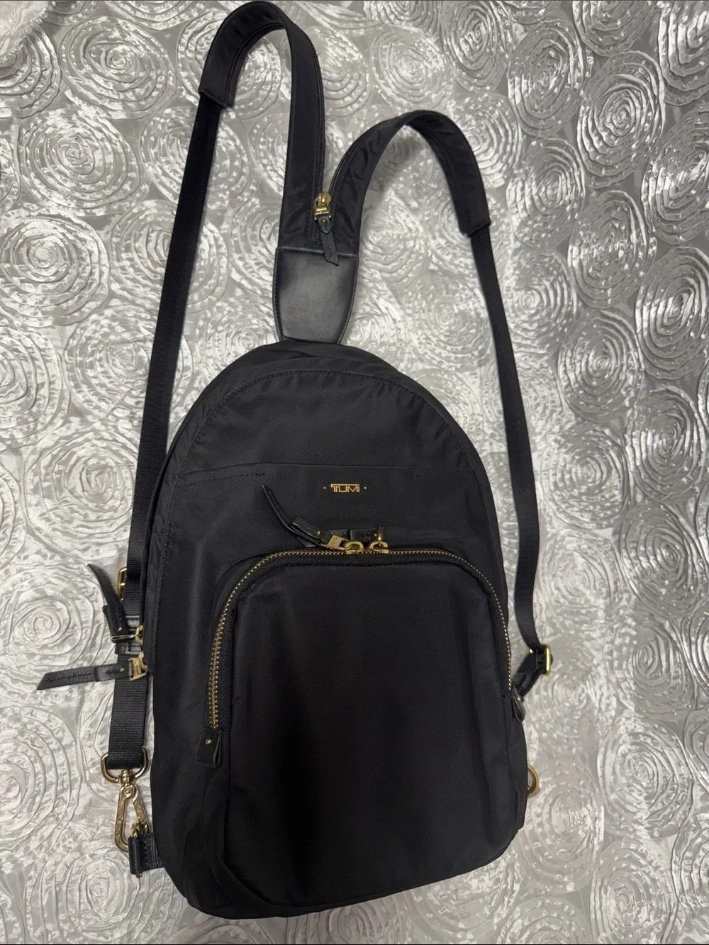 Tumi Black Nylon Backpack with Gold Hardware